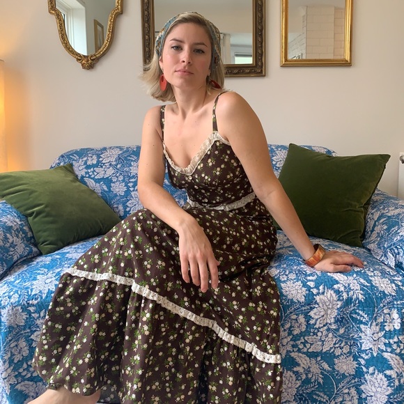 🇬🇧 Vintage Peasant Maxi Dress Bohemian Floral XS gypsy queen 60s 70s Brown - Picture 1 of 10